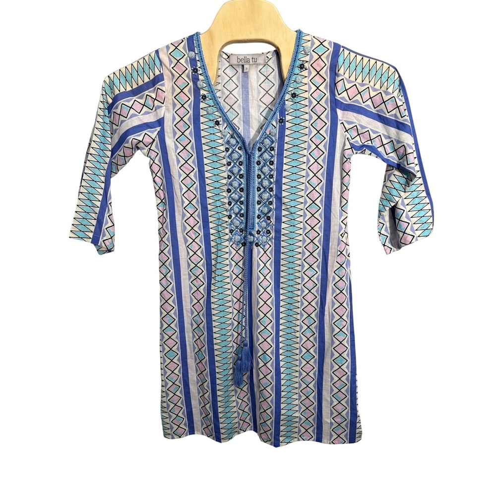 Bella Tu Blue Geometric Beaded Tunic Top Women‎ Size S